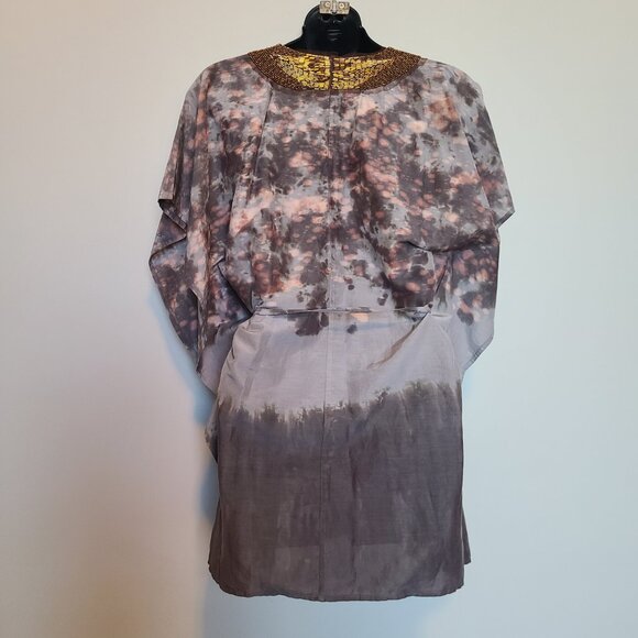 BLUE Saks Fifth Avenue Kaftan Syle Tunic Blouse Small Beaded V Neck  Tie Waist - Picture 3 of 6